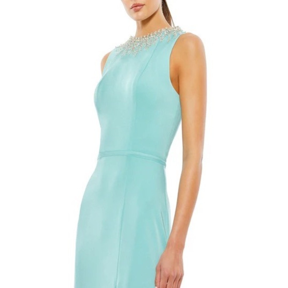 Ieena for Mac Duggal Aqua Satin Embellished Neck Sleeveless Gown 26516 Size 14